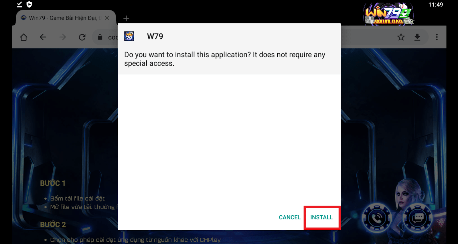 Chọn “Install” để cài đặt WIN79