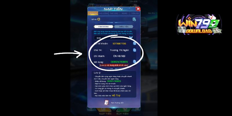 Nhập số tài khoản và nội dung chuyển khoản tại Win79